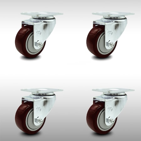 Service Caster 3 Inch SS Maroon Polyurethane Wheel Swivel Top Plate Caster Set SCC-SS20S314-PPUB-MRN-4